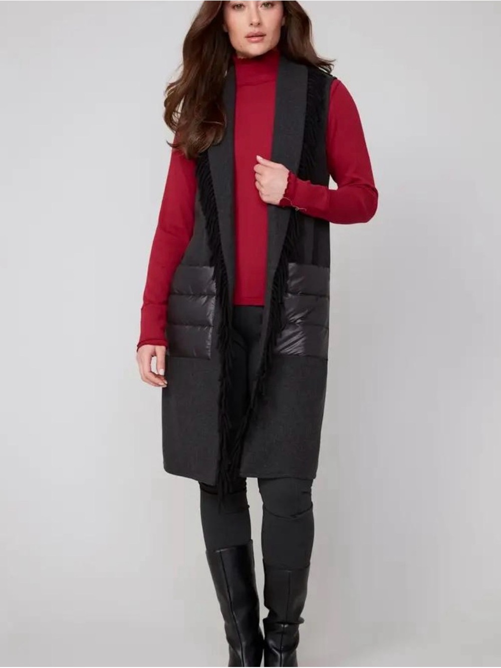 NWT Renuar Brush Knit Fringe Long Vest Charcoal M
